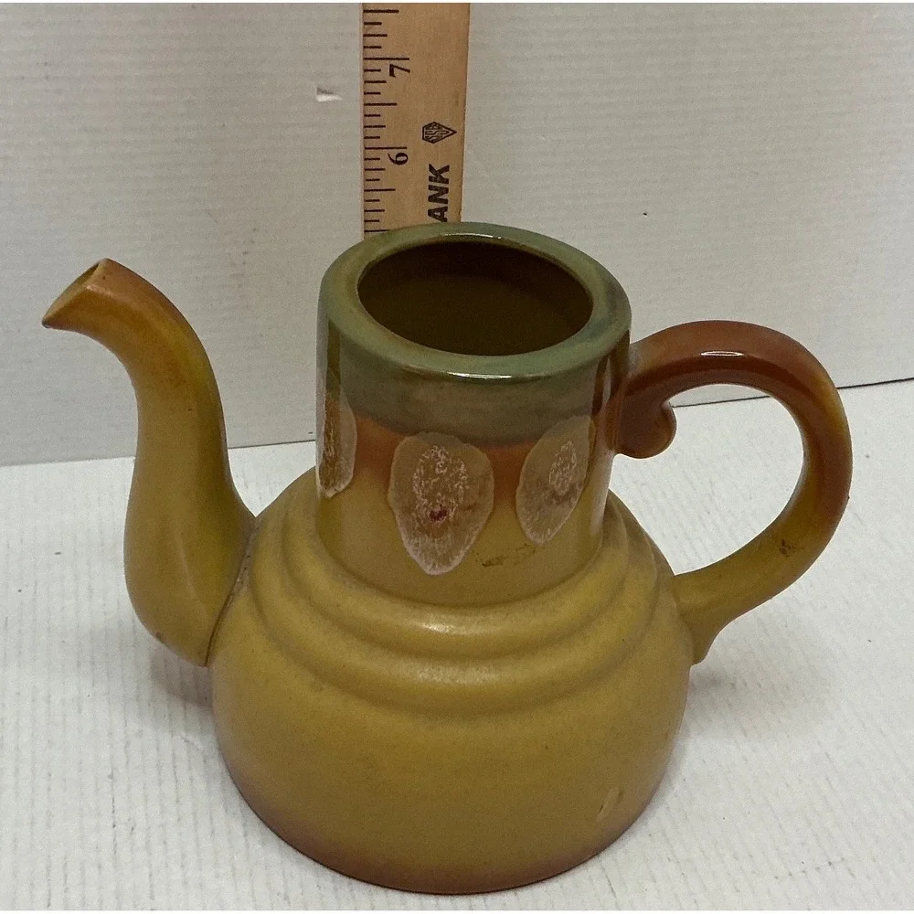 Vintage Ceramic Teapot Drip Glaze Mustard Yellow Mid Century Style READ